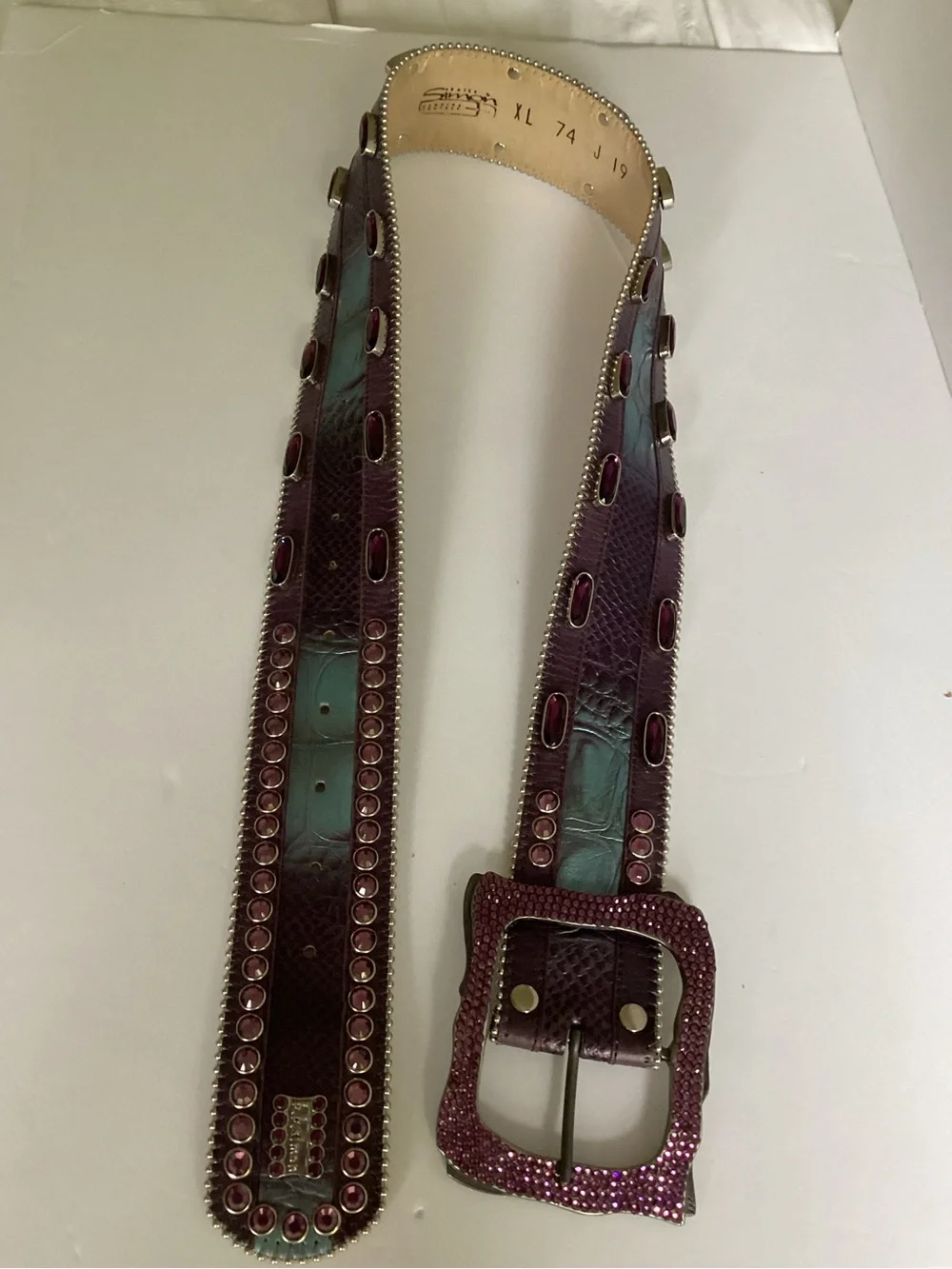B.B.Simon Crystal Rhinestone Leather Belt Pink Purple Y2K Western Bling Glam